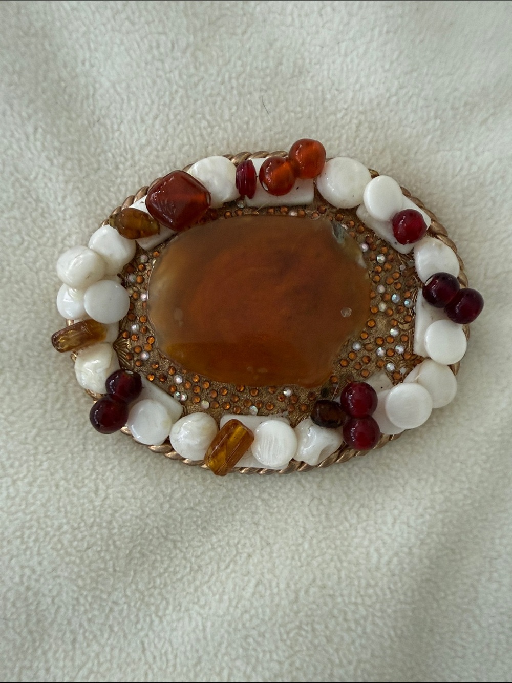 Vintage Amber Cabochon Beaded Belt Buckle - White & Amber Stones